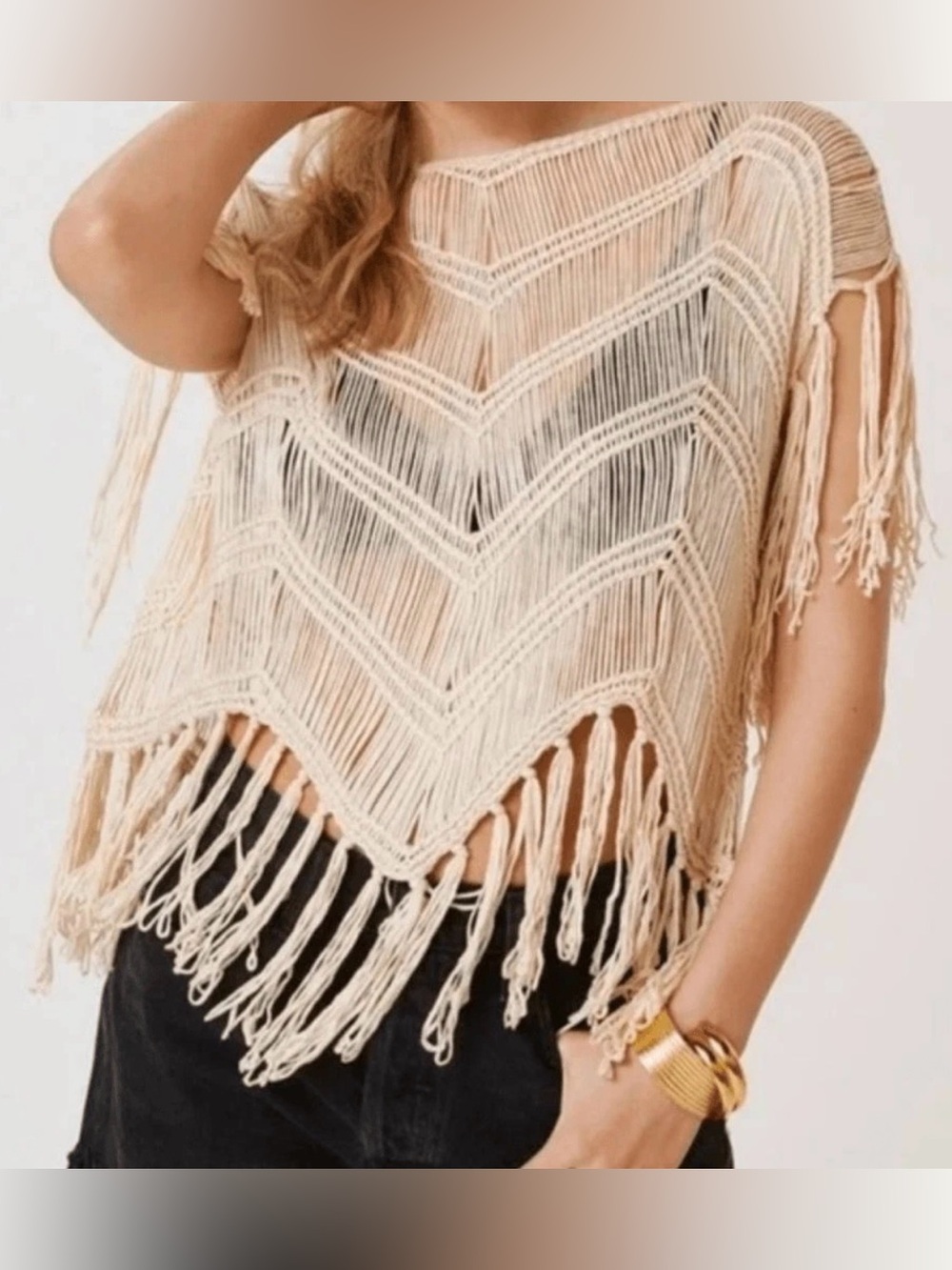 NWT by Anthropologie Macrame Fringe Poncho One Size
